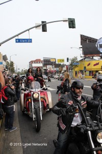 Hells Angels lead the Harley motobrigade up Sunset Blvd. for the Rockstar Mayhem Fest Tour Press Conference.