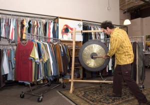 PrAna founder Beaver Theodosakis, hits the gong. Photo by NYTimes.