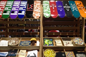 Plan B and Nyjah's boards and accessories in The Berrics.