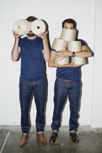 Daniel and Markus Freitag with their hemp yarn for Freitag's broken twill. Photo by Lukas Wassmann.