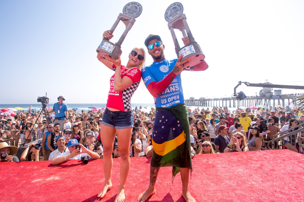 Tatiana Weston-Webb (HAW) and Filipe Toledo (BRA) claim victory at the Vans US Open of Surfing women's Championship Tour event and men's QS10,000 event, respectively. Image: WSL / Van Kirk
